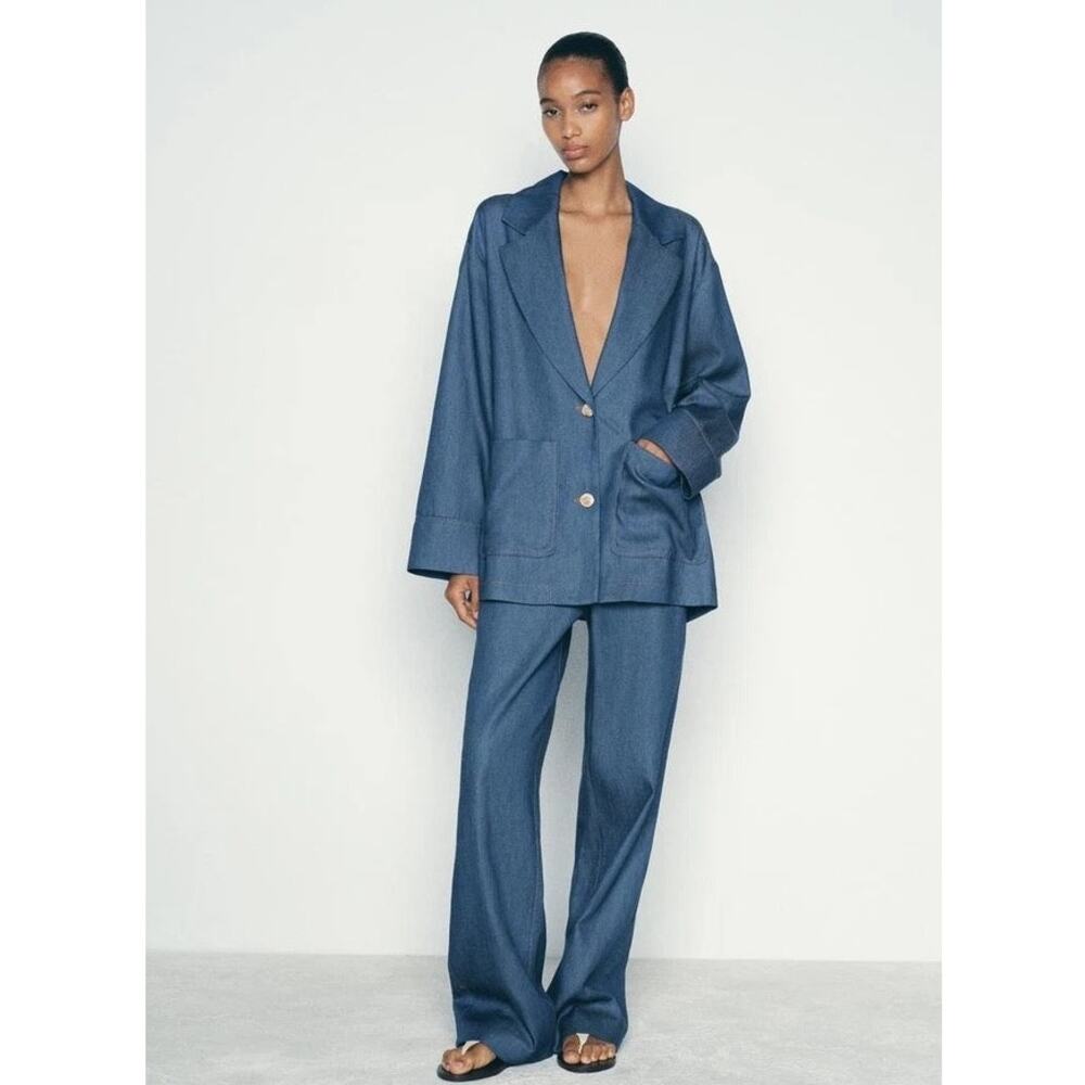 ZARA Denim Effect Oversized Blazer Jacket Pants Set Linen Blend Women’s XS / S
